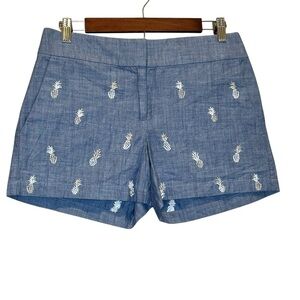 Loft | Blue Chambray Pineapple Embroidered Rivera Shorts Size 0 Preppy NEW